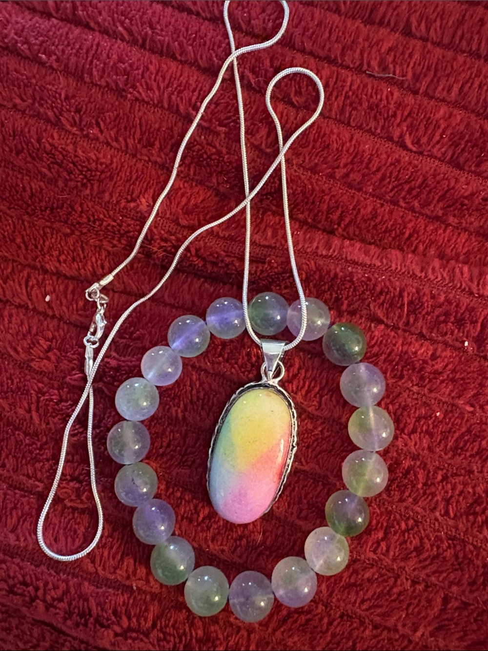 Rainbow Oval Pendant Necklace with Multicolor Beaded Bracelet Set
